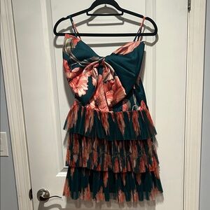 Anthropologie Teal and Coral Floral Mini Dress